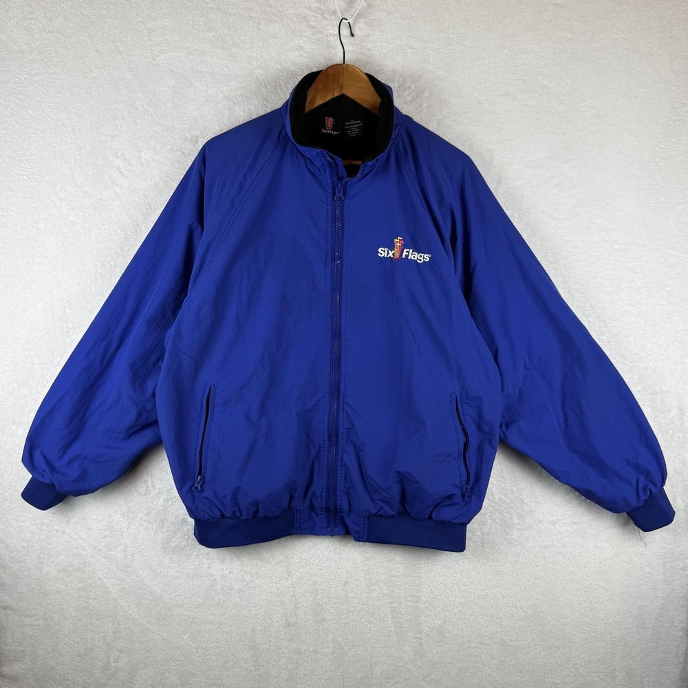 Six Flags Jacket Mens Large Blue Hooded Fleece‎ Lined Full Zip Windbreaker
